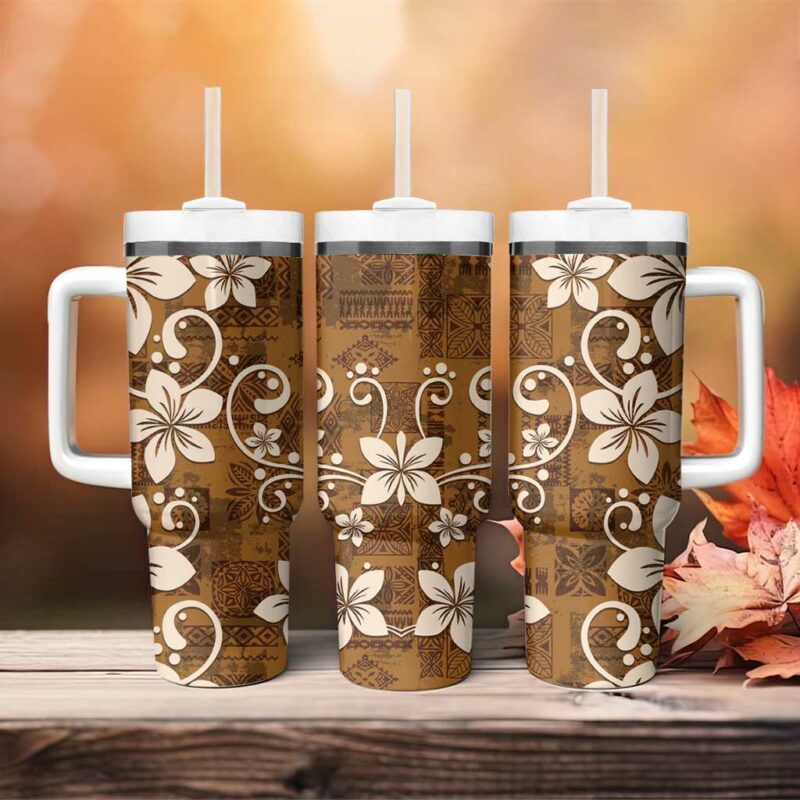 Plumeria Floral Tapa Vintage Gold Custom Stanley Quencher 40oz Stainless Steel Tumbler With Handle - Threewoofs - Image 4