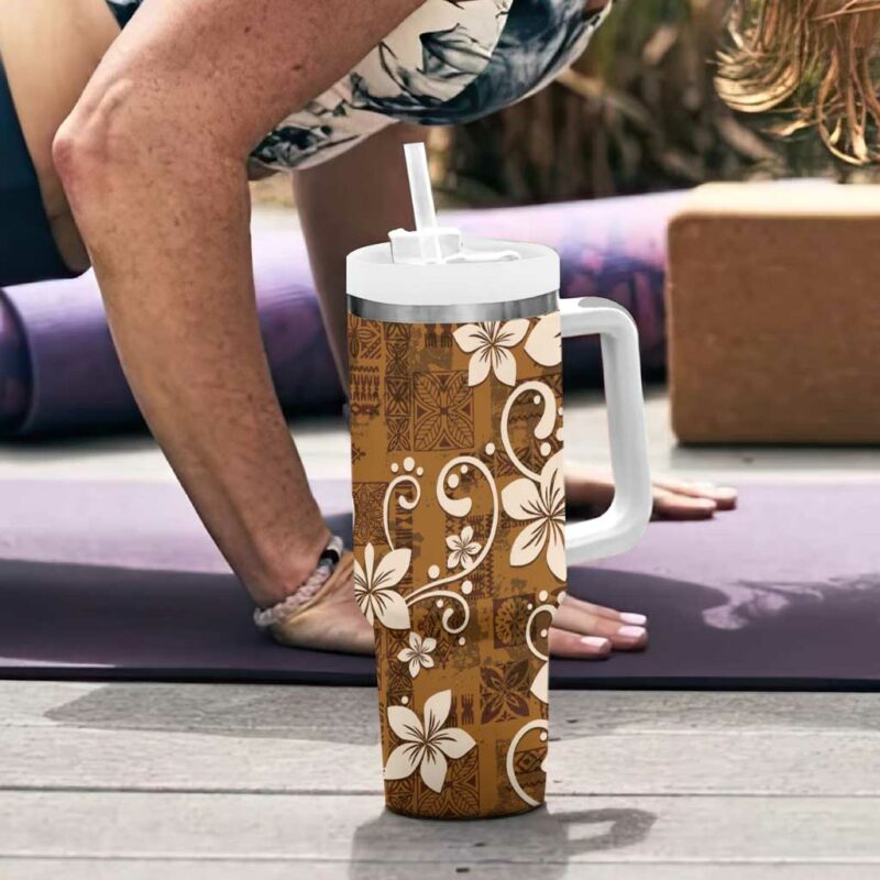 Plumeria Floral Tapa Vintage Gold Custom Stanley Quencher 40oz Stainless Steel Tumbler With Handle - Threewoofs - Image 6