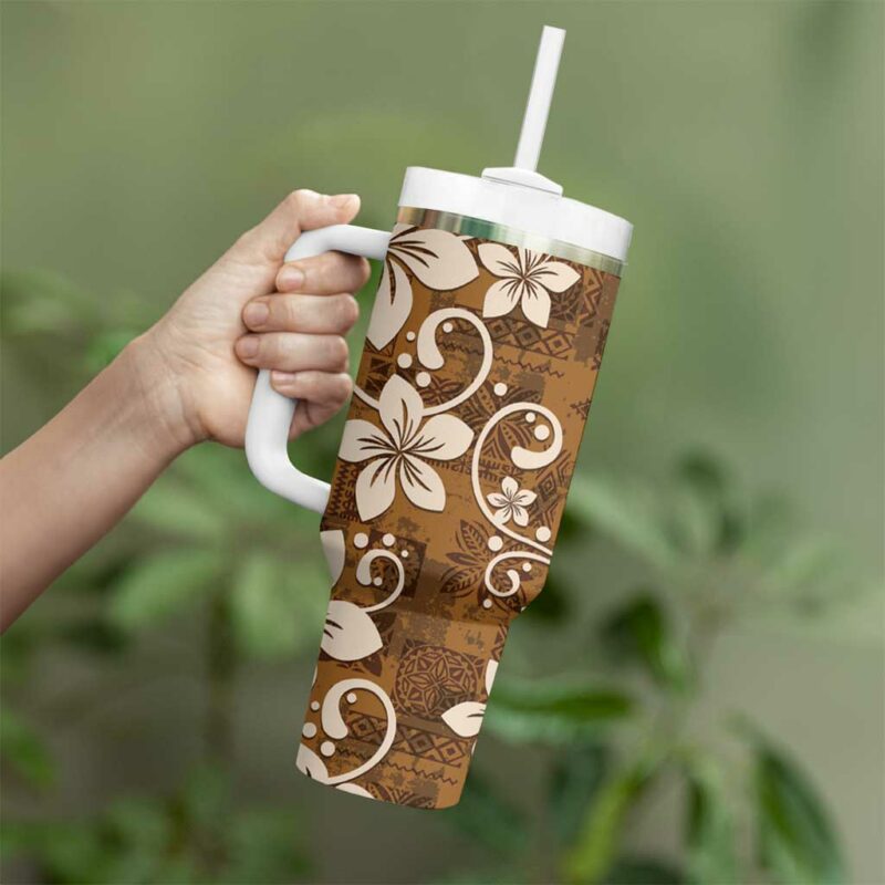 Plumeria Floral Tapa Vintage Gold Custom Stanley Quencher 40oz Stainless Steel Tumbler With Handle - Threewoofs - Image 3