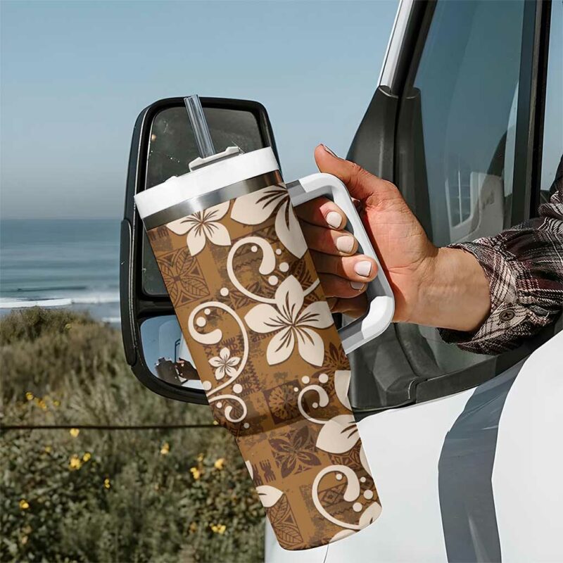 Plumeria Floral Tapa Vintage Gold Custom Stanley Quencher 40oz Stainless Steel Tumbler With Handle - Threewoofs - Image 7
