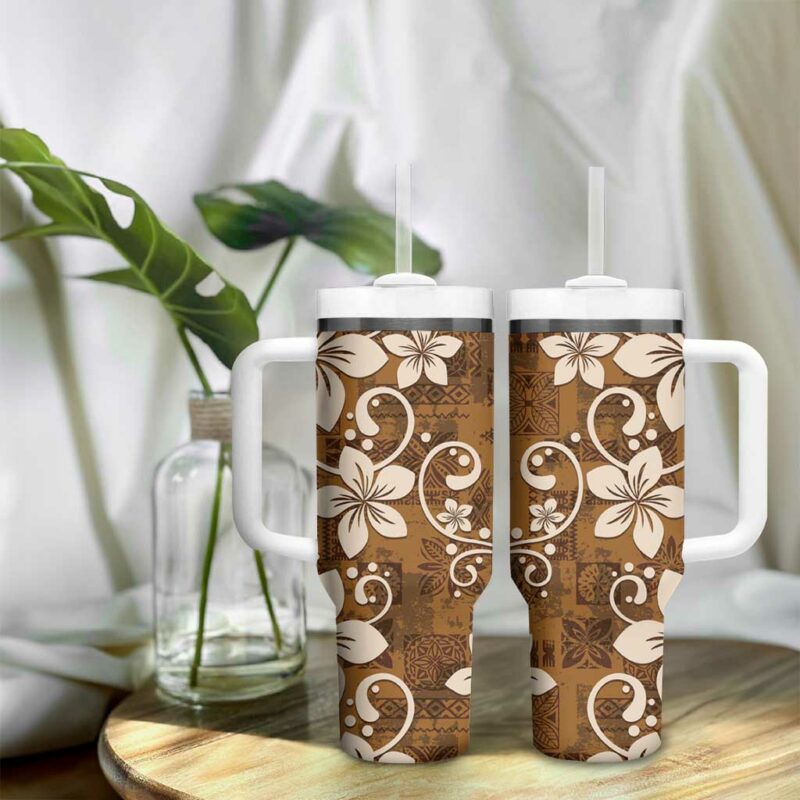 Plumeria Floral Tapa Vintage Gold Custom Stanley Quencher 40oz Stainless Steel Tumbler With Handle - Threewoofs - Image 9