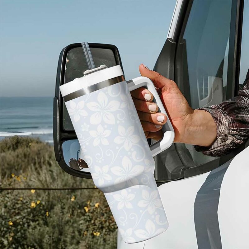 Plumeria Floral White Sunday Custom Stanley Quencher 40oz Stainless Steel Tumbler With Handle - Threewoofs - Image 7