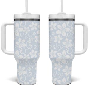 Plumeria Floral White Sunday Custom Stanley Quencher 40oz Stainless Steel Tumbler With Handle - Threewoofs