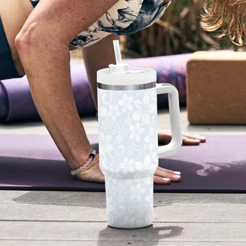 Plumeria Floral White Sunday Custom Stanley Quencher 40oz Stainless Steel Tumbler With Handle - Threewoofs - Image 6