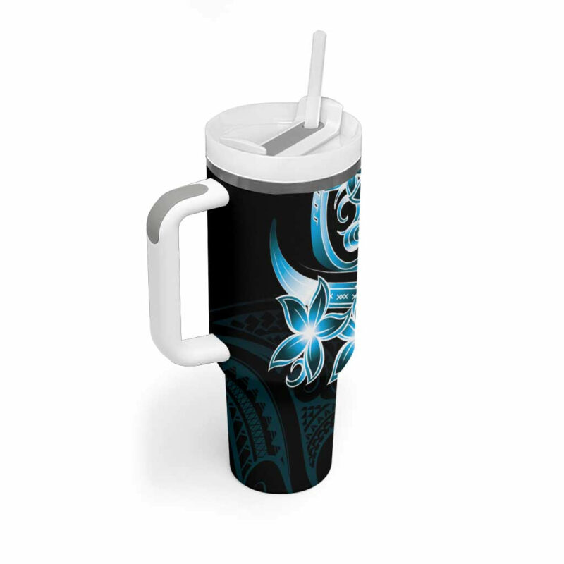 Plumeria Tribal Tattoo Blue Polynesian Custom Stanley Quencher 40oz Stainless Steel Tumbler With Handle - Threewoofs - Image 2