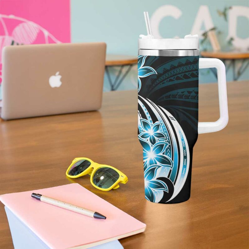 Plumeria Tribal Tattoo Blue Polynesian Custom Stanley Quencher 40oz Stainless Steel Tumbler With Handle - Threewoofs - Image 5