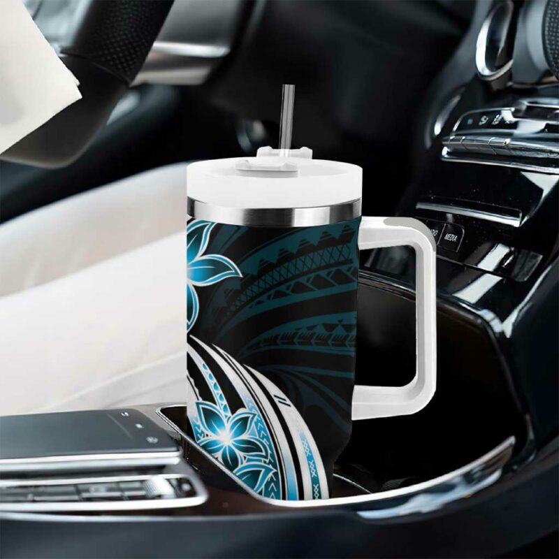 Plumeria Tribal Tattoo Blue Polynesian Custom Stanley Quencher 40oz Stainless Steel Tumbler With Handle - Threewoofs - Image 8