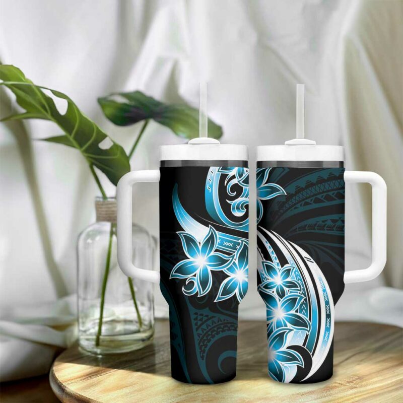 Plumeria Tribal Tattoo Blue Polynesian Custom Stanley Quencher 40oz Stainless Steel Tumbler With Handle - Threewoofs - Image 9