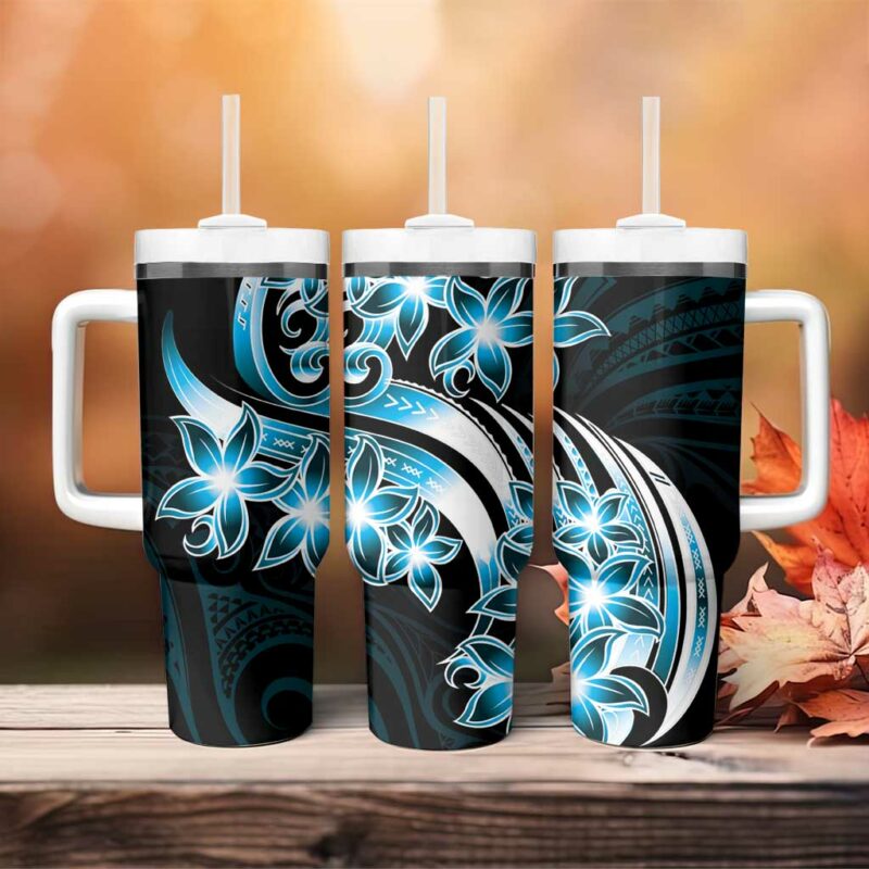 Plumeria Tribal Tattoo Blue Polynesian Custom Stanley Quencher 40oz Stainless Steel Tumbler With Handle - Threewoofs - Image 4