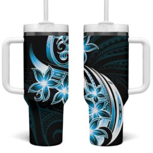 Plumeria Tribal Tattoo Blue Polynesian Custom Stanley Quencher 40oz Stainless Steel Tumbler With Handle - Threewoofs