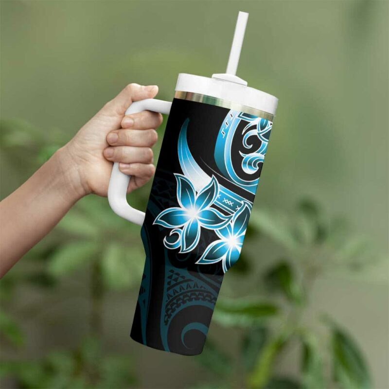 Plumeria Tribal Tattoo Blue Polynesian Custom Stanley Quencher 40oz Stainless Steel Tumbler With Handle - Threewoofs - Image 3