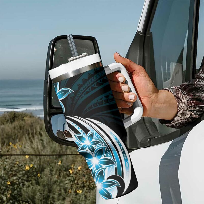 Plumeria Tribal Tattoo Blue Polynesian Custom Stanley Quencher 40oz Stainless Steel Tumbler With Handle - Threewoofs - Image 7