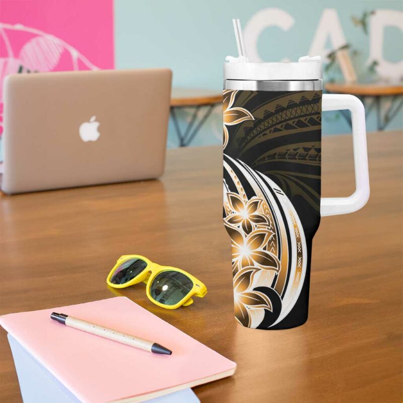 Plumeria Tribal Tattoo Gold Polynesian Custom Stanley Quencher 40oz Stainless Steel Tumbler With Handle - Threewoofs - Image 5
