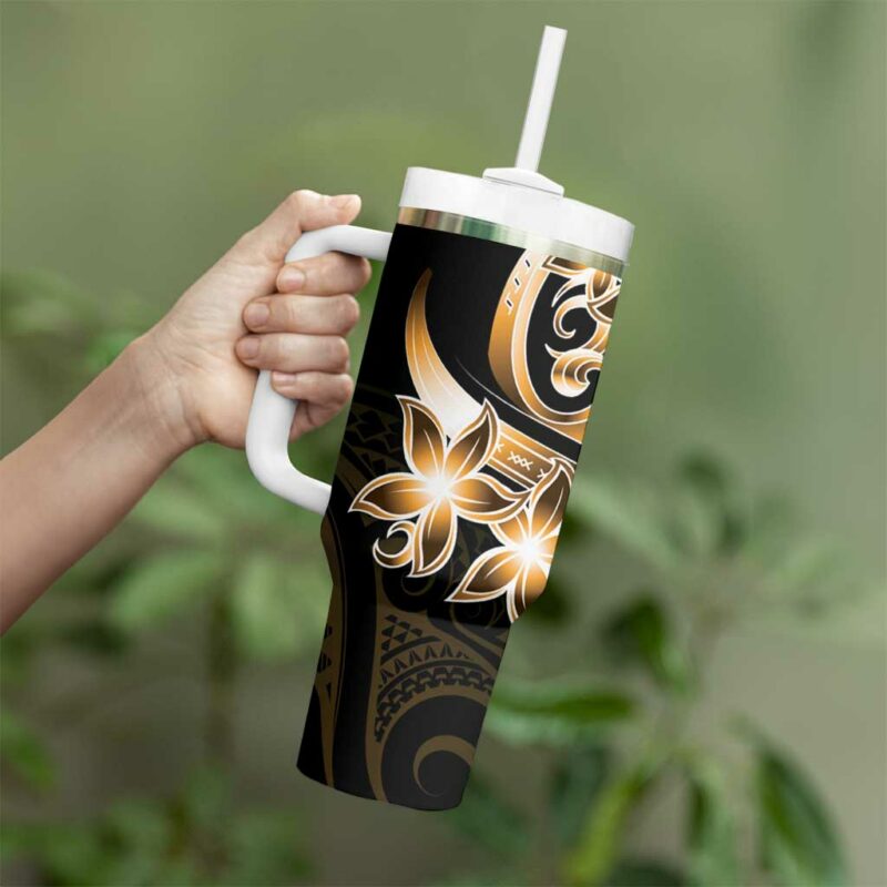 Plumeria Tribal Tattoo Gold Polynesian Custom Stanley Quencher 40oz Stainless Steel Tumbler With Handle - Threewoofs - Image 3