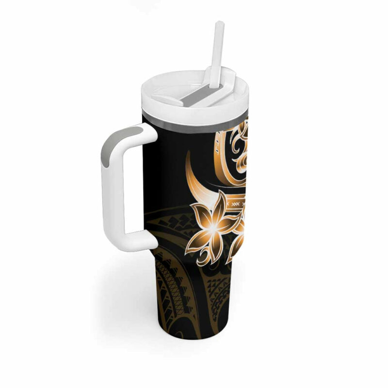 Plumeria Tribal Tattoo Gold Polynesian Custom Stanley Quencher 40oz Stainless Steel Tumbler With Handle - Threewoofs - Image 2