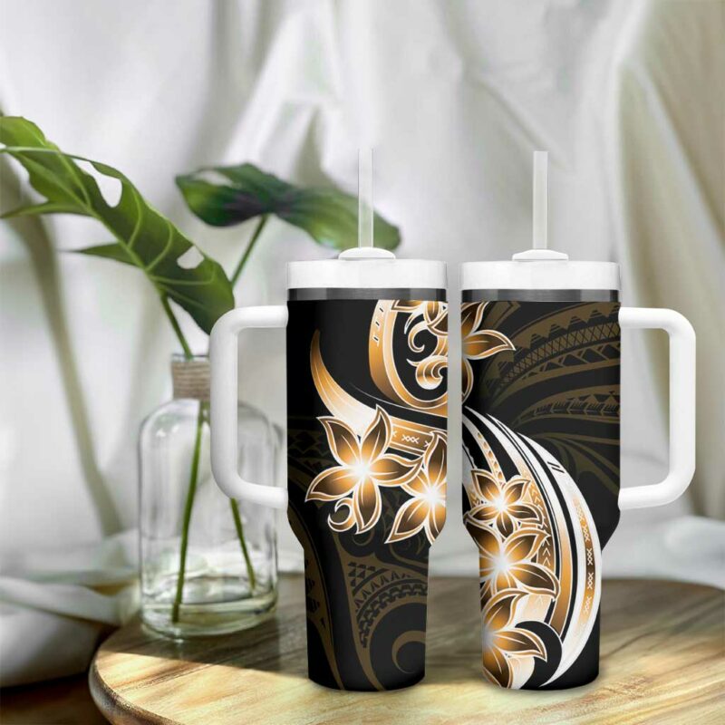 Plumeria Tribal Tattoo Gold Polynesian Custom Stanley Quencher 40oz Stainless Steel Tumbler With Handle - Threewoofs - Image 9