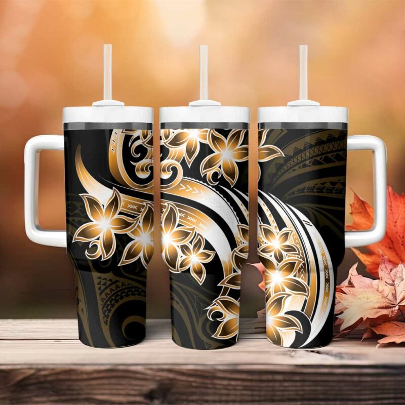 Plumeria Tribal Tattoo Gold Polynesian Custom Stanley Quencher 40oz Stainless Steel Tumbler With Handle - Threewoofs - Image 4