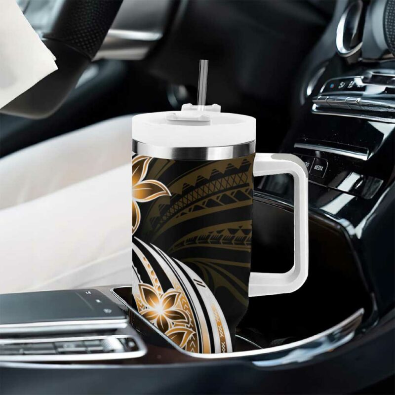 Plumeria Tribal Tattoo Gold Polynesian Custom Stanley Quencher 40oz Stainless Steel Tumbler With Handle - Threewoofs - Image 8
