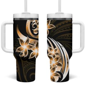 Plumeria Tribal Tattoo Gold Polynesian Custom Stanley Quencher 40oz Stainless Steel Tumbler With Handle - Threewoofs