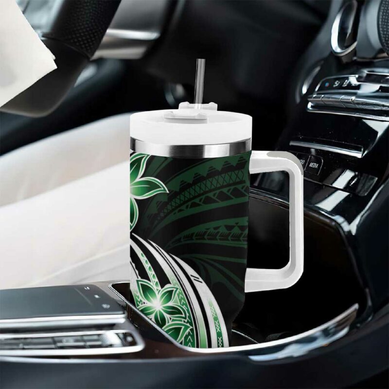Plumeria Tribal Tattoo Green Polynesian Custom Stanley Quencher 40oz Stainless Steel Tumbler With Handle - Threewoofs - Image 8