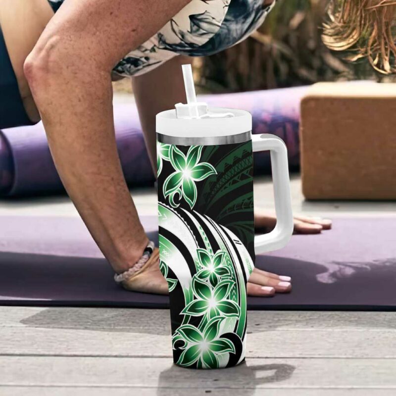 Plumeria Tribal Tattoo Green Polynesian Custom Stanley Quencher 40oz Stainless Steel Tumbler With Handle - Threewoofs - Image 6