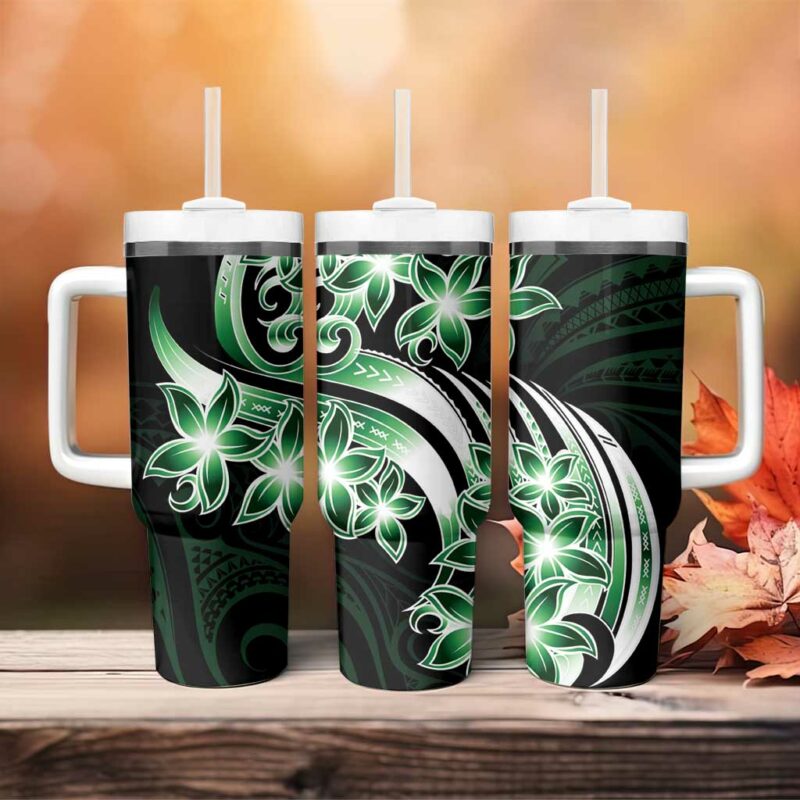 Plumeria Tribal Tattoo Green Polynesian Custom Stanley Quencher 40oz Stainless Steel Tumbler With Handle - Threewoofs - Image 4