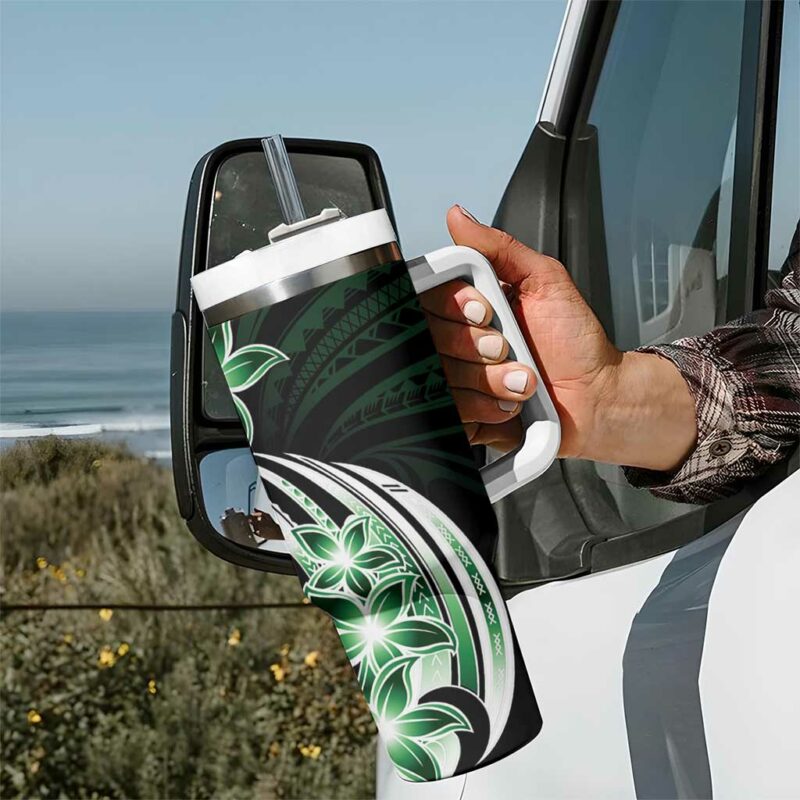 Plumeria Tribal Tattoo Green Polynesian Custom Stanley Quencher 40oz Stainless Steel Tumbler With Handle - Threewoofs - Image 7
