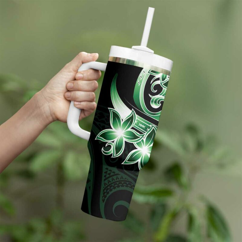 Plumeria Tribal Tattoo Green Polynesian Custom Stanley Quencher 40oz Stainless Steel Tumbler With Handle - Threewoofs - Image 3