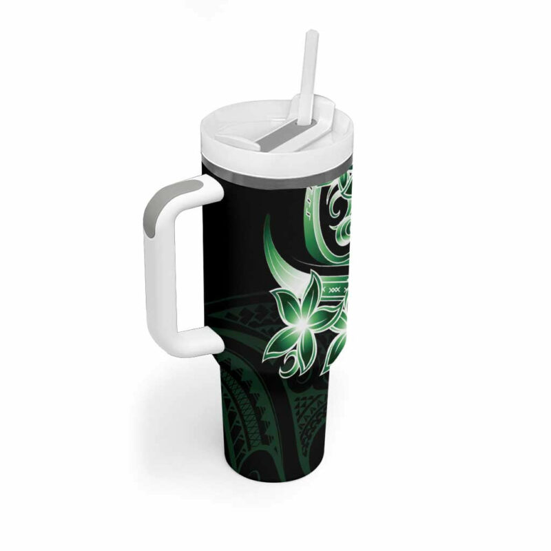 Plumeria Tribal Tattoo Green Polynesian Custom Stanley Quencher 40oz Stainless Steel Tumbler With Handle - Threewoofs - Image 2