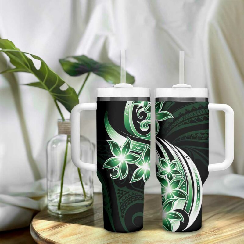 Plumeria Tribal Tattoo Green Polynesian Custom Stanley Quencher 40oz Stainless Steel Tumbler With Handle - Threewoofs - Image 9