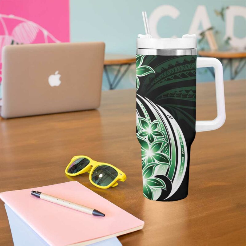 Plumeria Tribal Tattoo Green Polynesian Custom Stanley Quencher 40oz Stainless Steel Tumbler With Handle - Threewoofs - Image 5