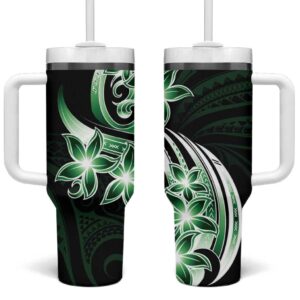 Plumeria Tribal Tattoo Green Polynesian Custom Stanley Quencher 40oz Stainless Steel Tumbler With Handle - Threewoofs