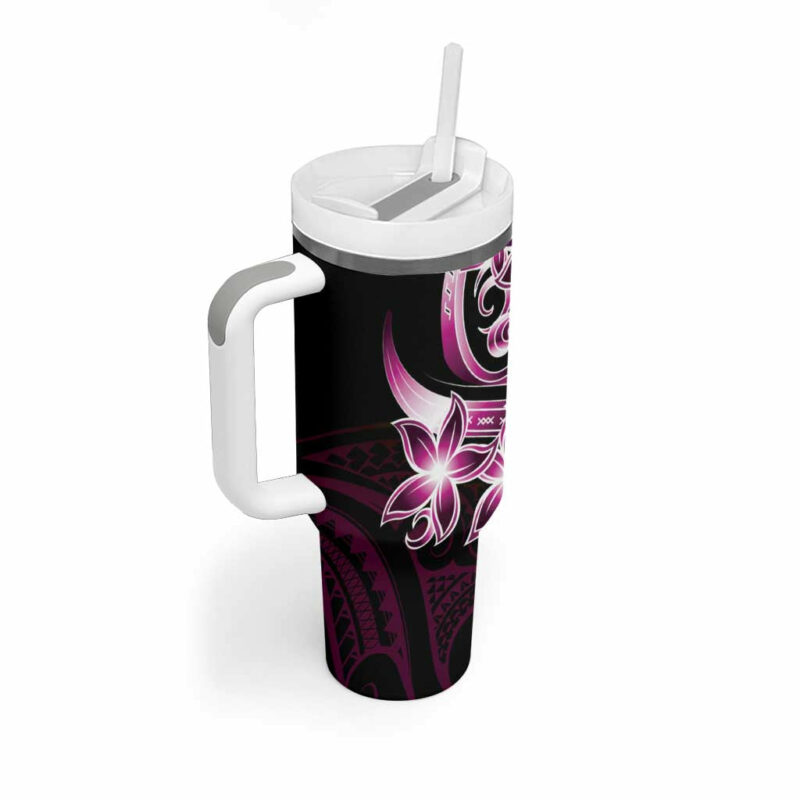 Plumeria Tribal Tattoo Pink Polynesian Custom Stanley Quencher 40oz Stainless Steel Tumbler With Handle - Threewoofs - Image 2