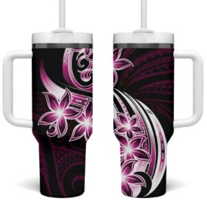 Plumeria Tribal Tattoo Pink Polynesian Custom Stanley Quencher 40oz Stainless Steel Tumbler With Handle - Threewoofs