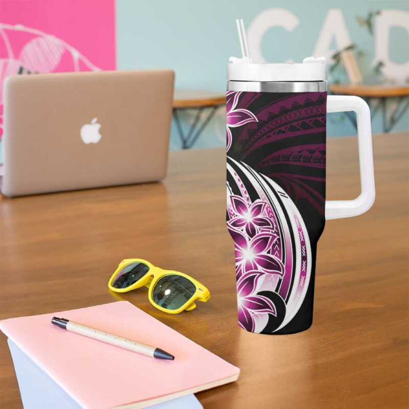 Plumeria Tribal Tattoo Pink Polynesian Custom Stanley Quencher 40oz Stainless Steel Tumbler With Handle - Threewoofs - Image 5