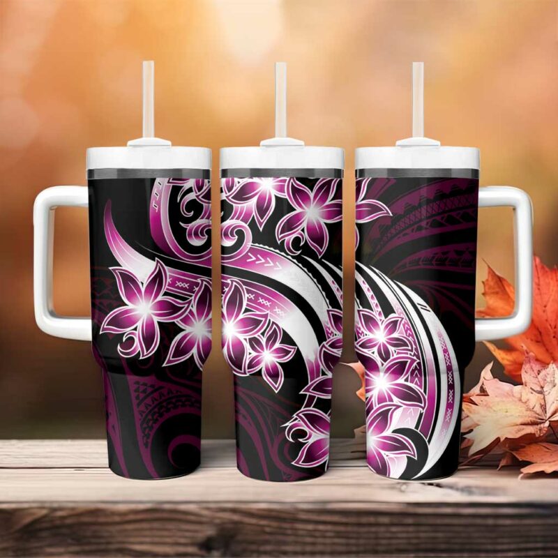 Plumeria Tribal Tattoo Pink Polynesian Custom Stanley Quencher 40oz Stainless Steel Tumbler With Handle - Threewoofs - Image 4