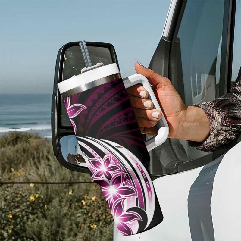 Plumeria Tribal Tattoo Pink Polynesian Custom Stanley Quencher 40oz Stainless Steel Tumbler With Handle - Threewoofs - Image 7