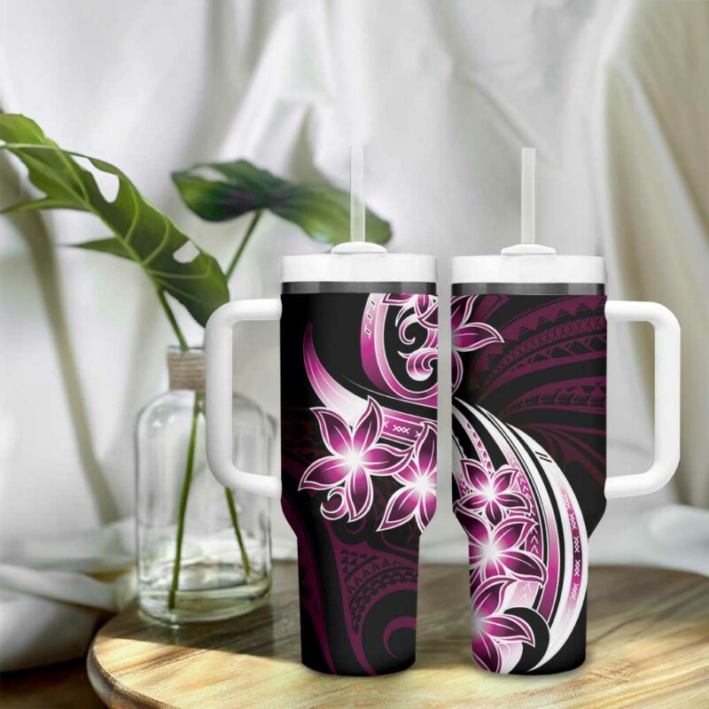 Plumeria Tribal Tattoo Pink Polynesian Custom Stanley Quencher 40oz Stainless Steel Tumbler With Handle - Threewoofs - Image 9