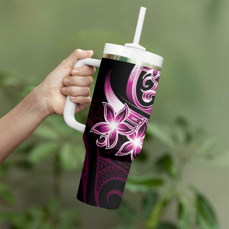 Plumeria Tribal Tattoo Pink Polynesian Custom Stanley Quencher 40oz Stainless Steel Tumbler With Handle - Threewoofs - Image 3