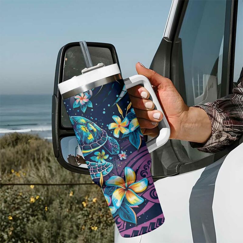 Plumeria Turtles Traditional Tribal Custom Stanley Quencher 40oz Stainless Steel Tumbler With Handle - Threewoofs - Image 7