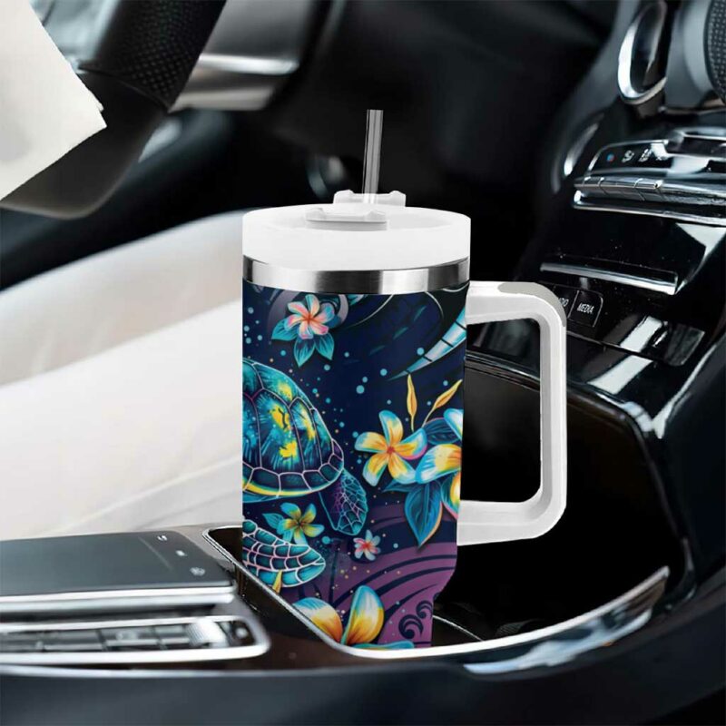 Plumeria Turtles Traditional Tribal Custom Stanley Quencher 40oz Stainless Steel Tumbler With Handle - Threewoofs - Image 8