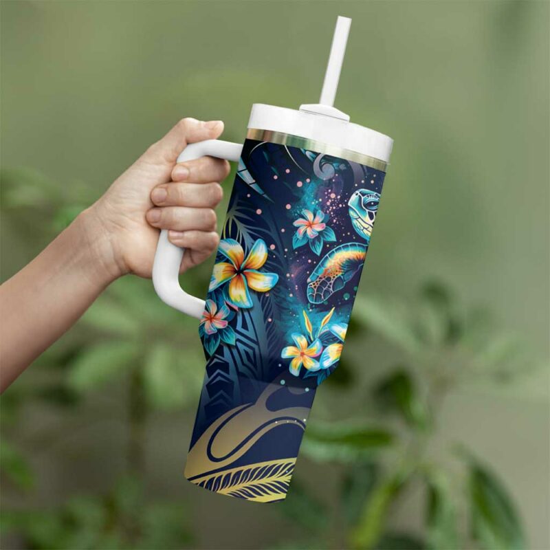 Plumeria Turtles Traditional Tribal Custom Stanley Quencher 40oz Stainless Steel Tumbler With Handle - Threewoofs - Image 3
