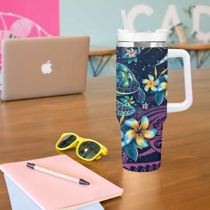 Plumeria Turtles Traditional Tribal Custom Stanley Quencher 40oz Stainless Steel Tumbler With Handle - Threewoofs - Image 5
