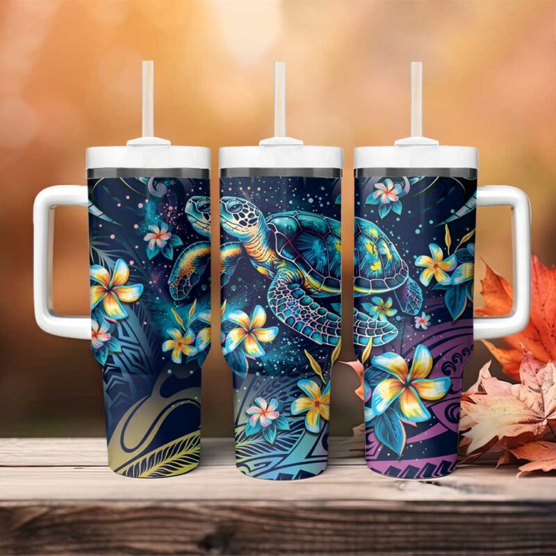 Plumeria Turtles Traditional Tribal Custom Stanley Quencher 40oz Stainless Steel Tumbler With Handle - Threewoofs - Image 4