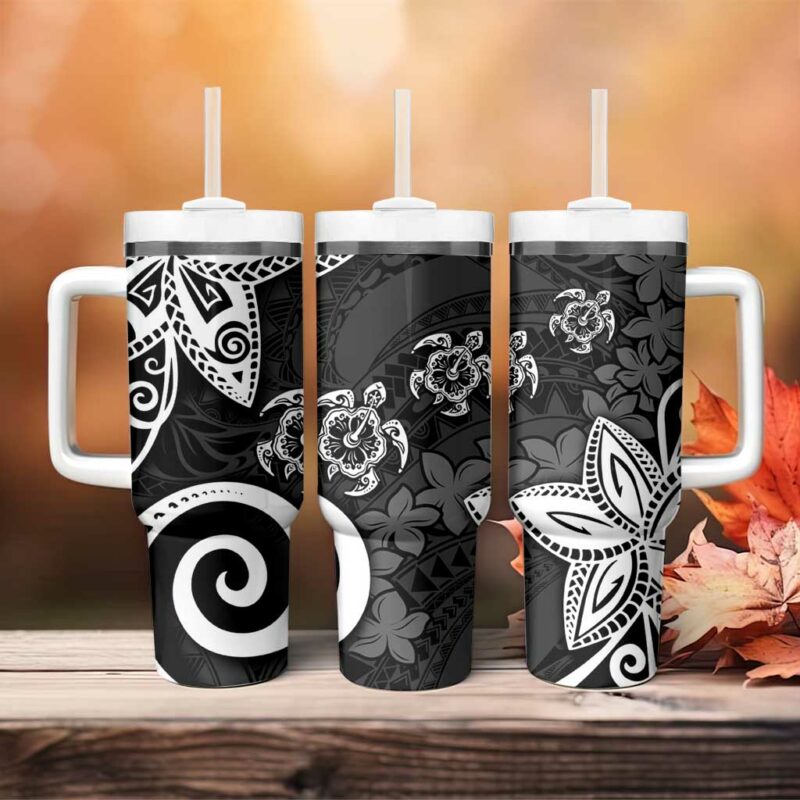 Polynesia Black Tribal Turtle Floral Custom Stanley Quencher 40oz Stainless Steel Tumbler With Handle - Threewoofs - Image 4