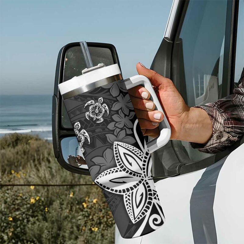 Polynesia Black Tribal Turtle Floral Custom Stanley Quencher 40oz Stainless Steel Tumbler With Handle - Threewoofs - Image 7