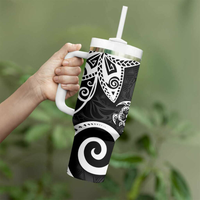 Polynesia Black Tribal Turtle Floral Custom Stanley Quencher 40oz Stainless Steel Tumbler With Handle - Threewoofs - Image 3