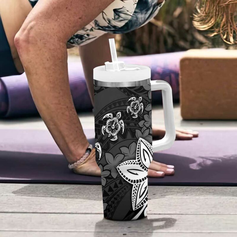 Polynesia Black Tribal Turtle Floral Custom Stanley Quencher 40oz Stainless Steel Tumbler With Handle - Threewoofs - Image 6