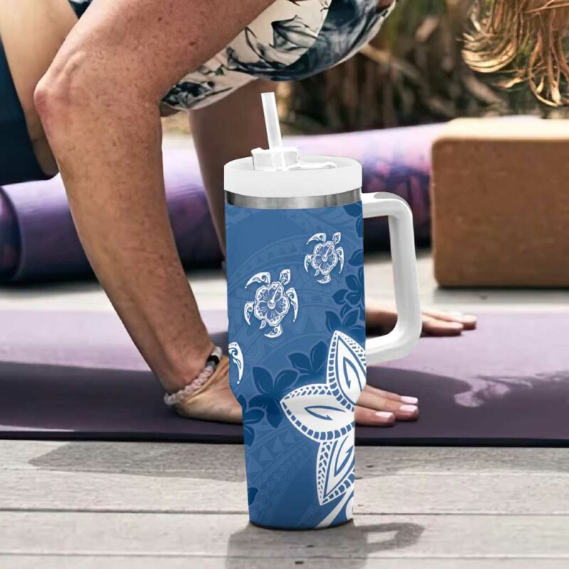 Polynesia Blue Tribal Turtle Floral Custom Stanley Quencher 40oz Stainless Steel Tumbler With Handle - Threewoofs - Image 6