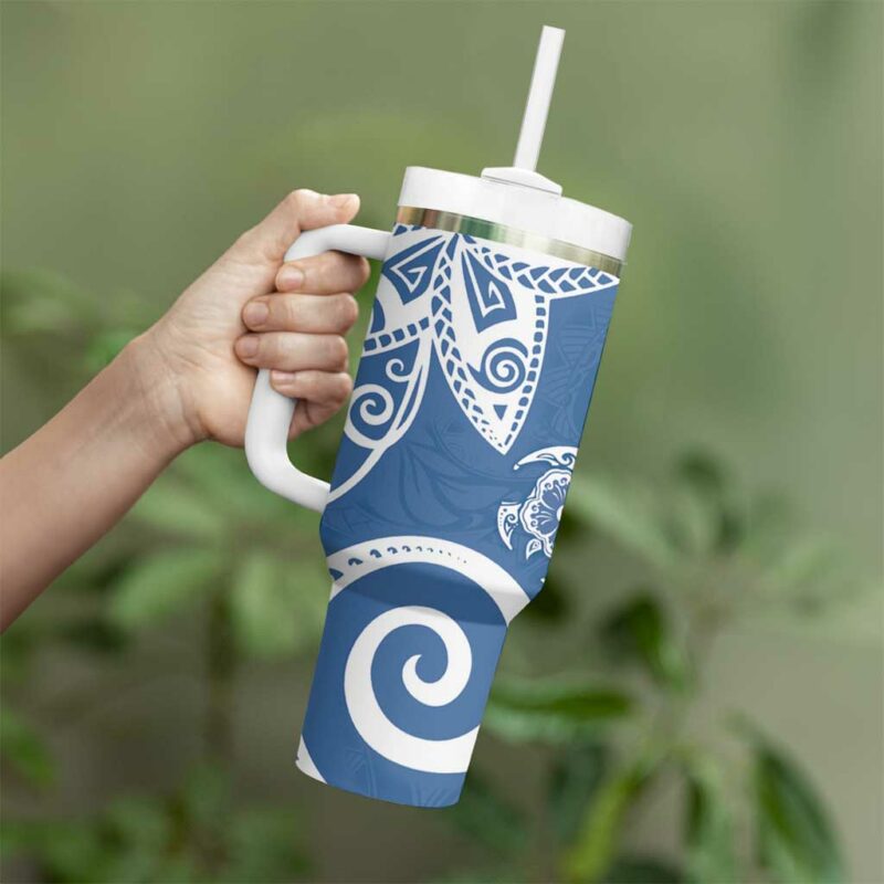 Polynesia Blue Tribal Turtle Floral Custom Stanley Quencher 40oz Stainless Steel Tumbler With Handle - Threewoofs - Image 3